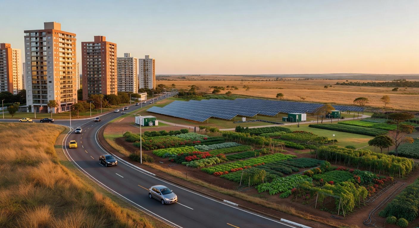 Vista panorâmica de Riacho Fundo II transformado em polo autossuficiente com investimentos do GDF em infraestrutura urbana sustentável.