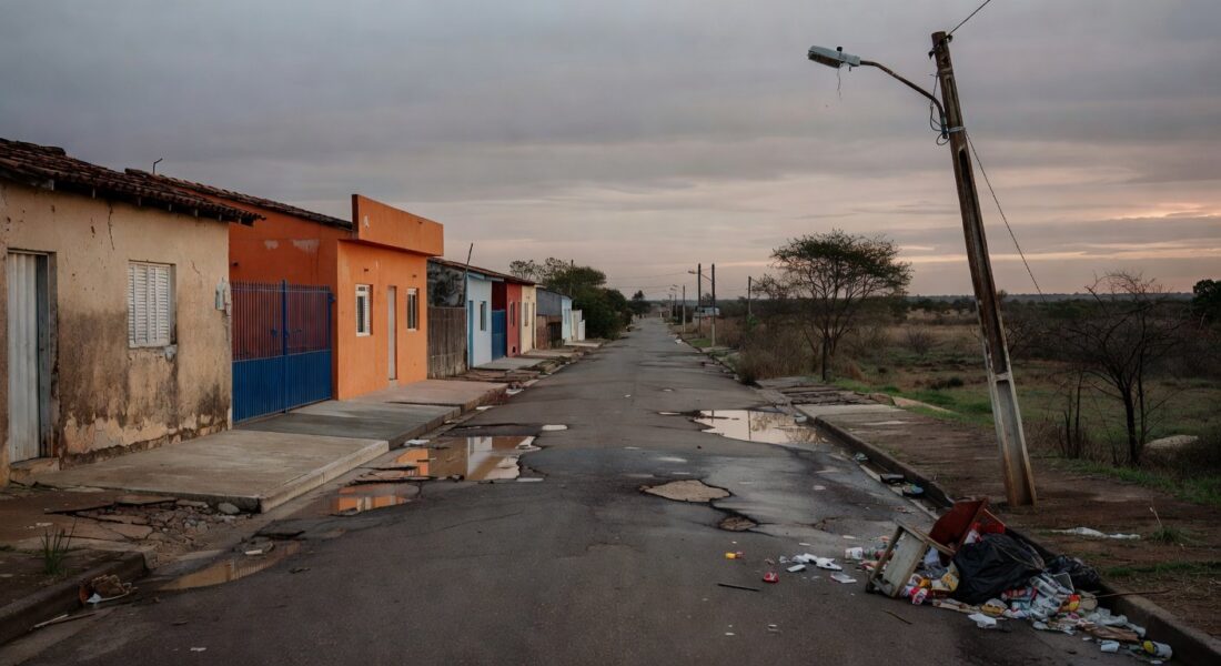 Vista de rua em Riacho Fundo I com bandeiras de aniversário e deficiências urbanas como buracos e lixo, no DF.