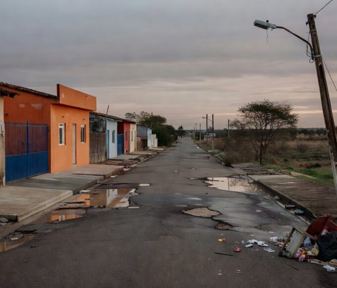 Vista de rua em Riacho Fundo I com bandeiras de aniversário e deficiências urbanas como buracos e lixo, no DF.