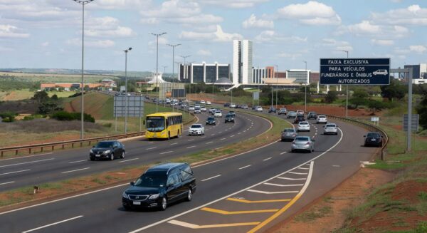 Veículo funerário em faixa exclusiva na EPTG, Brasília, autorizado pelo DER-DF.