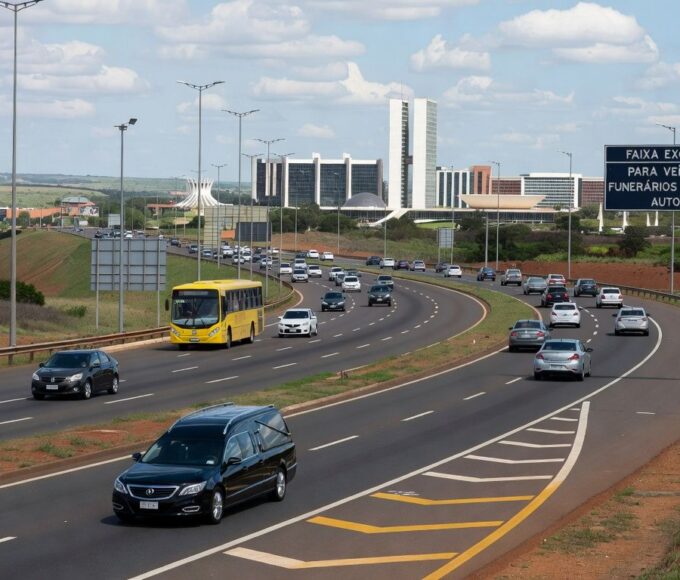 Veículo funerário em faixa exclusiva na EPTG, Brasília, autorizado pelo DER-DF.