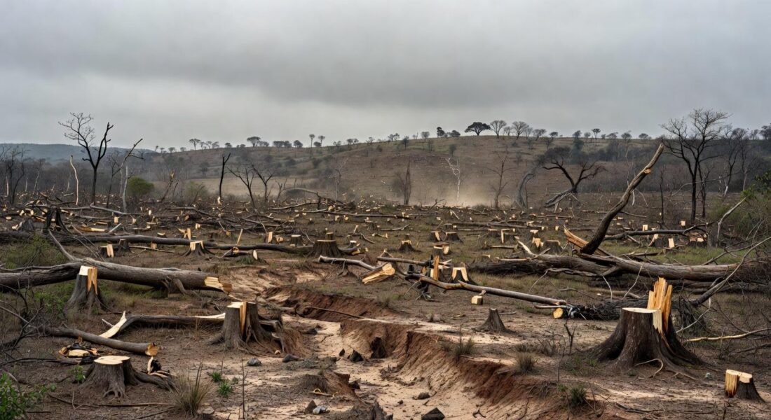 Floresta amazônica desmatada no Brasil, ilustrando crise ecológica persistente e homenagem a agentes ambientais.