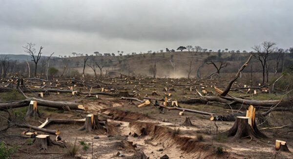 Floresta amazônica desmatada no Brasil, ilustrando crise ecológica persistente e homenagem a agentes ambientais.