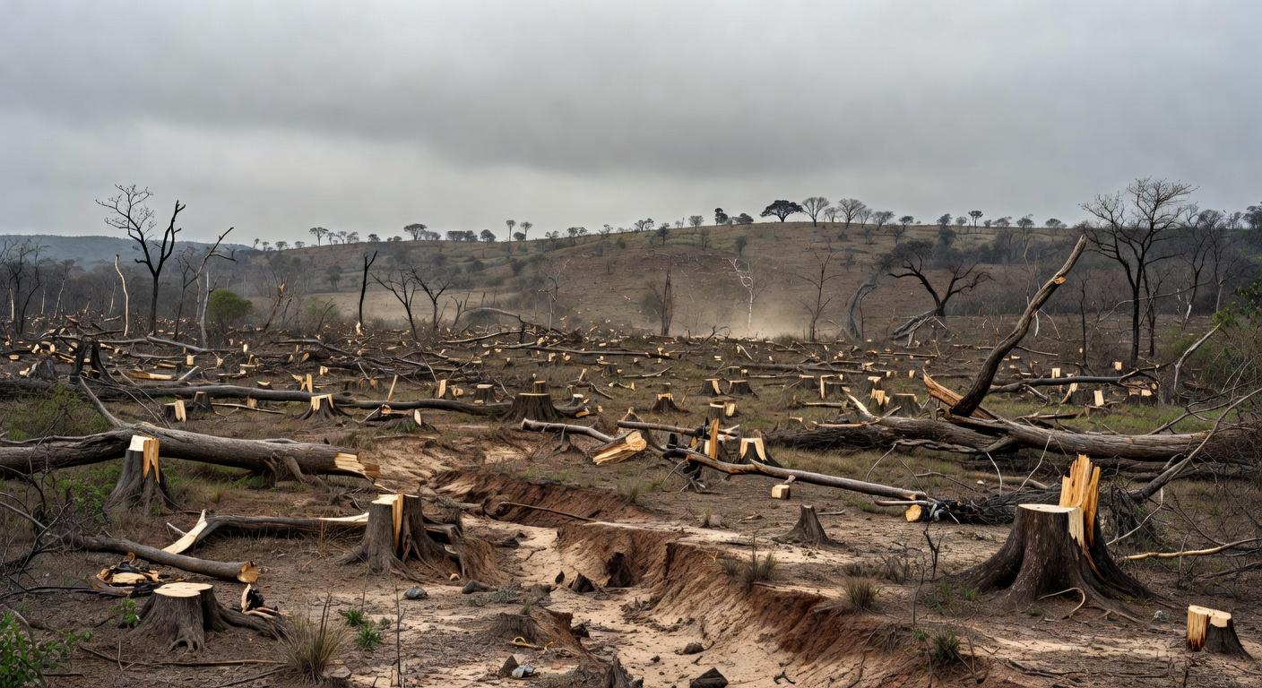 Floresta amazônica desmatada no Brasil, ilustrando crise ecológica persistente e homenagem a agentes ambientais.