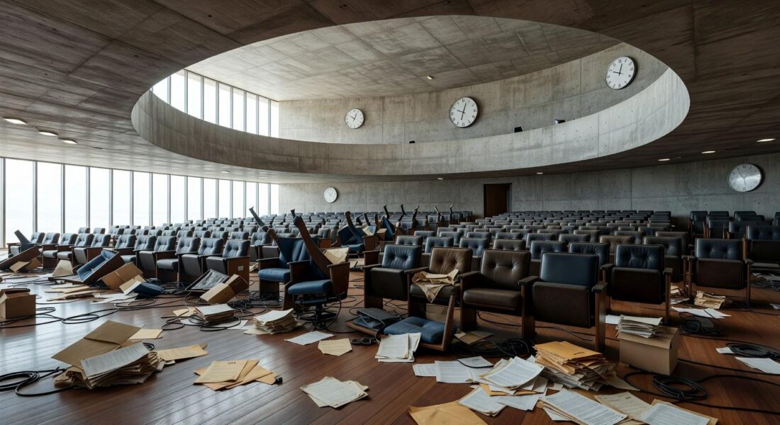 Auditório vazio na CLDF em Brasília, com documentos espalhados, representando ineficiências na governança do DF.