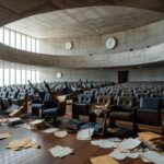 Auditório vazio na CLDF em Brasília, com documentos espalhados, representando ineficiências na governança do DF.