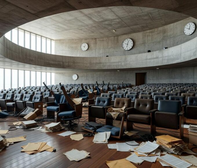 Auditório vazio na CLDF em Brasília, com documentos espalhados, representando ineficiências na governança do DF.