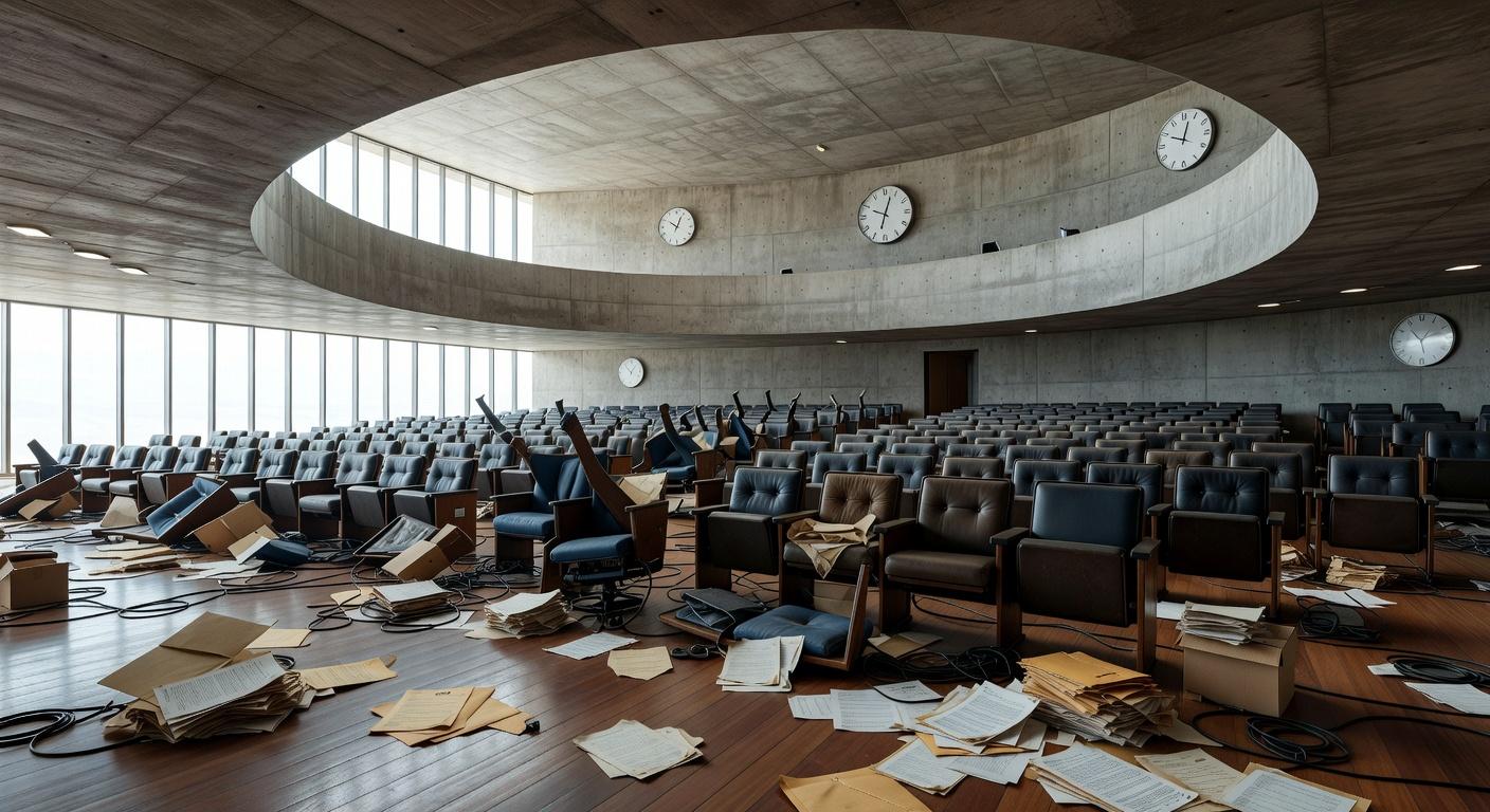 Auditório vazio na CLDF em Brasília, com documentos espalhados, representando ineficiências na governança do DF.