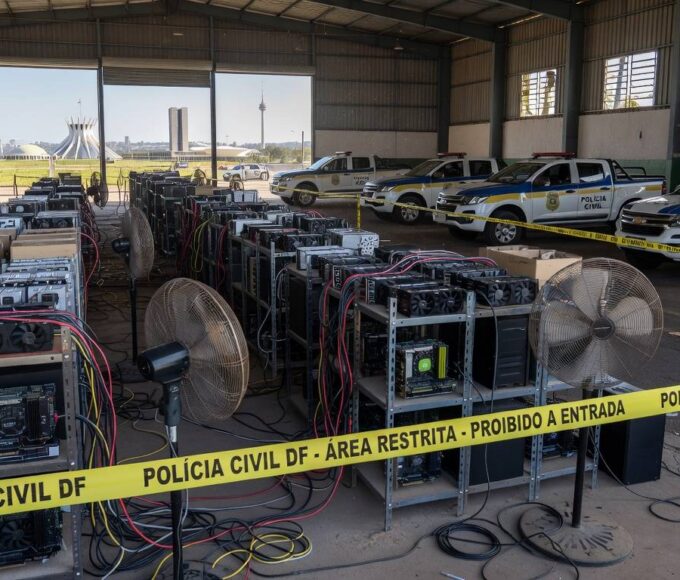 Viaturas da Polícia Civil e equipamentos de mineração clandestina de criptomoedas em galpão no DF, operação da Neoenergia.