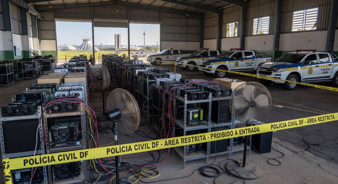 Viaturas da Polícia Civil e equipamentos de mineração clandestina de criptomoedas em galpão no DF, operação da Neoenergia.