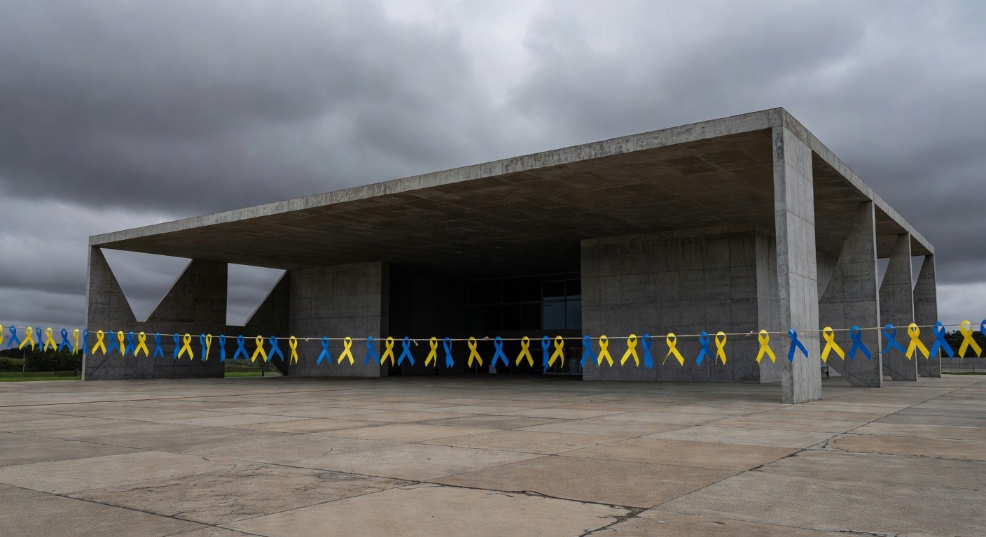 Edifício da CLDF em Brasília decorado com fitas azul e amarelo para o Dia Mundial da Síndrome de Down, em tom questionador.