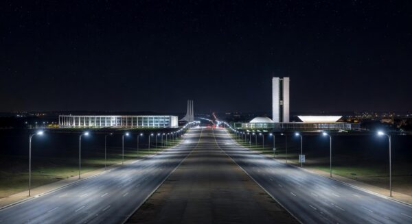 Avenida em Brasília iluminada por postes de luz LED modernos, representando modernização da iluminação pública pelo GDF e economia anual de R$ 90 milhões.