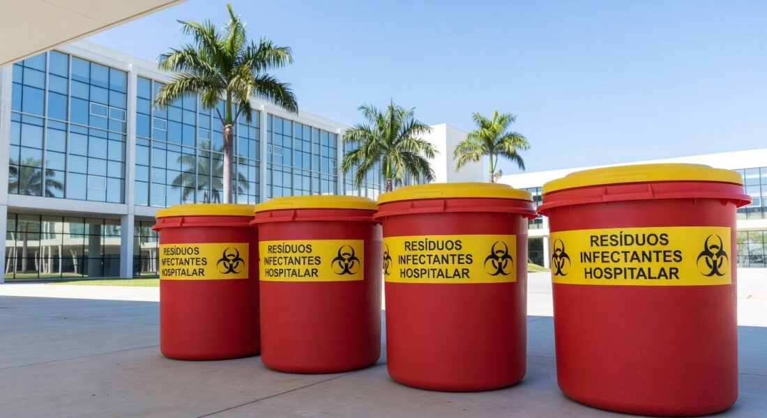 Contêineres de resíduos hospitalares em hospital de Brasília, representando gestão de lixo médico no DF.