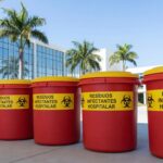 Contêineres de resíduos hospitalares em hospital de Brasília, representando gestão de lixo médico no DF.