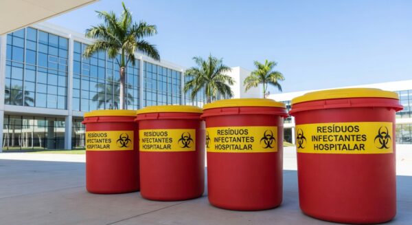 Contêineres de resíduos hospitalares em hospital de Brasília, representando gestão de lixo médico no DF.