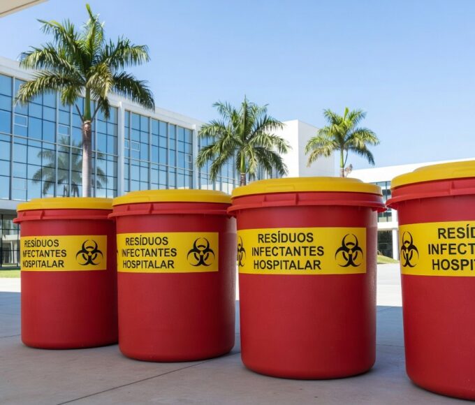 Contêineres de resíduos hospitalares em hospital de Brasília, representando gestão de lixo médico no DF.
