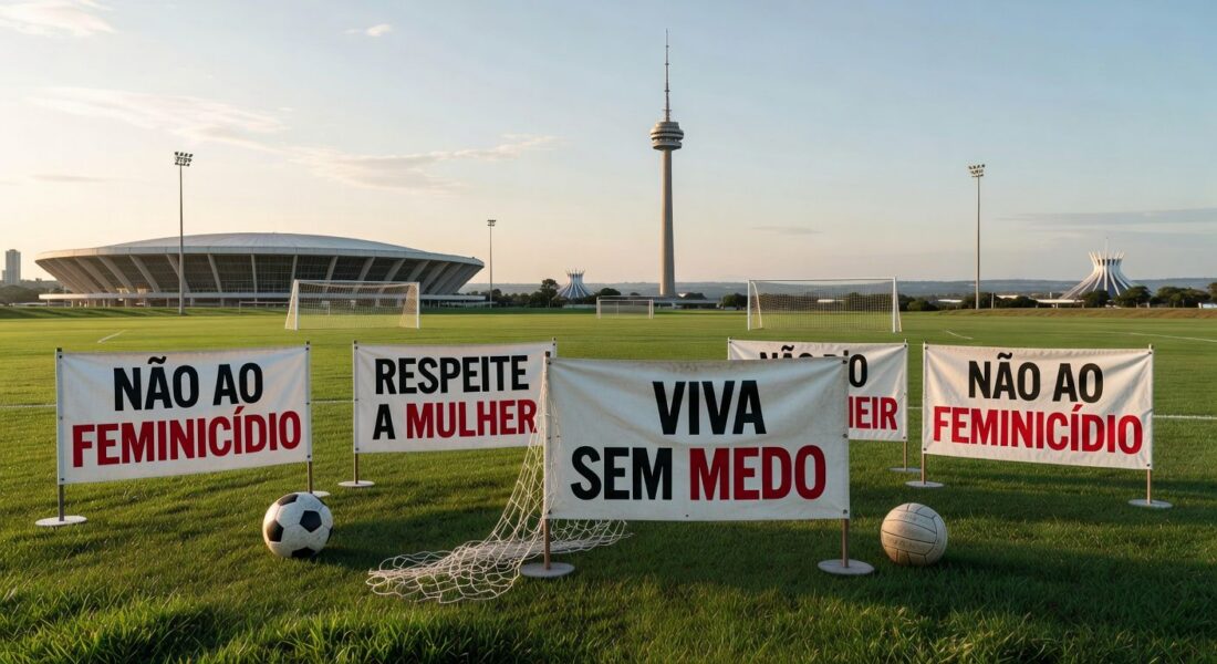Auditório em Brasília com banners simbólicos de campanha contra feminicídio no Distrito Federal, sem pessoas.