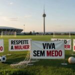 Auditório em Brasília com banners simbólicos de campanha contra feminicídio no Distrito Federal, sem pessoas.
