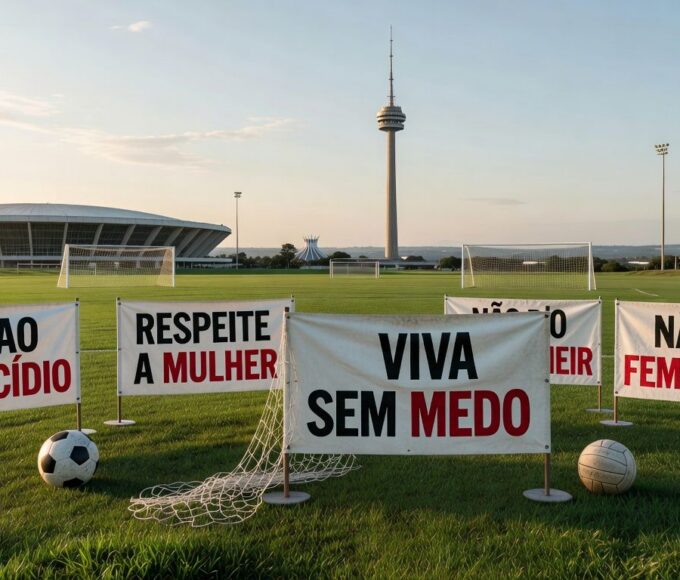 Auditório em Brasília com banners simbólicos de campanha contra feminicídio no Distrito Federal, sem pessoas.