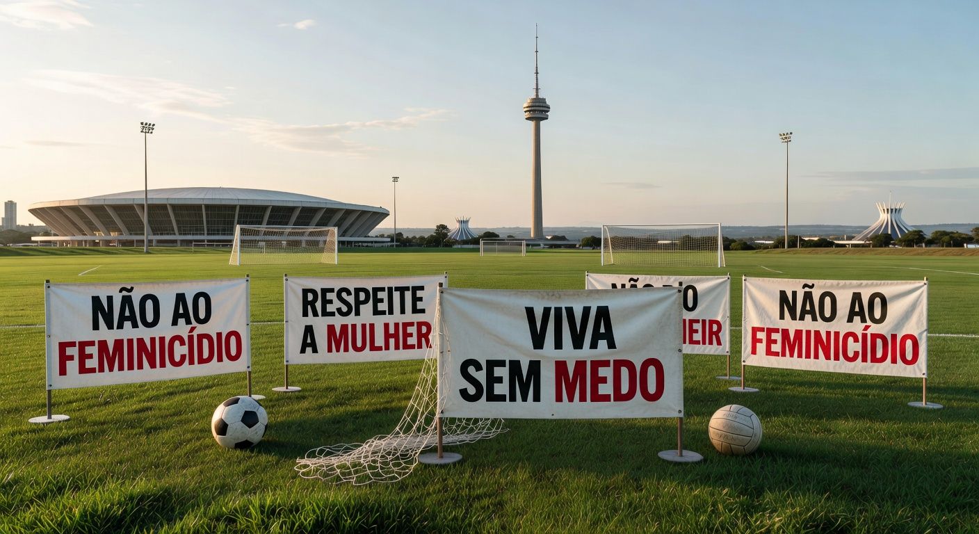 Auditório em Brasília com banners simbólicos de campanha contra feminicídio no Distrito Federal, sem pessoas.