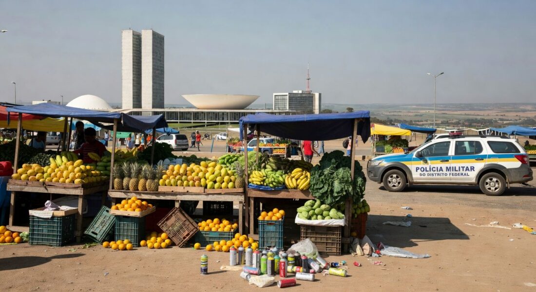 Viatura da Polícia Militar no DF perto de feira e ônibus após incidente com briga e spray de gás.