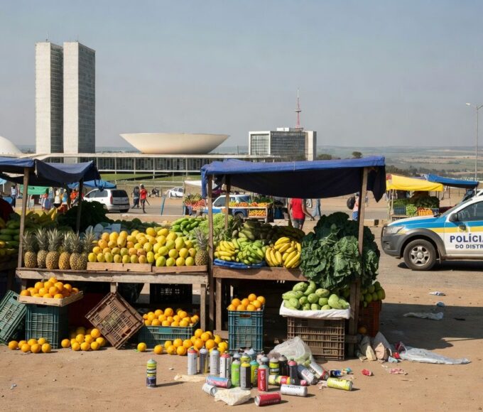 Viatura da Polícia Militar no DF perto de feira e ônibus após incidente com briga e spray de gás.