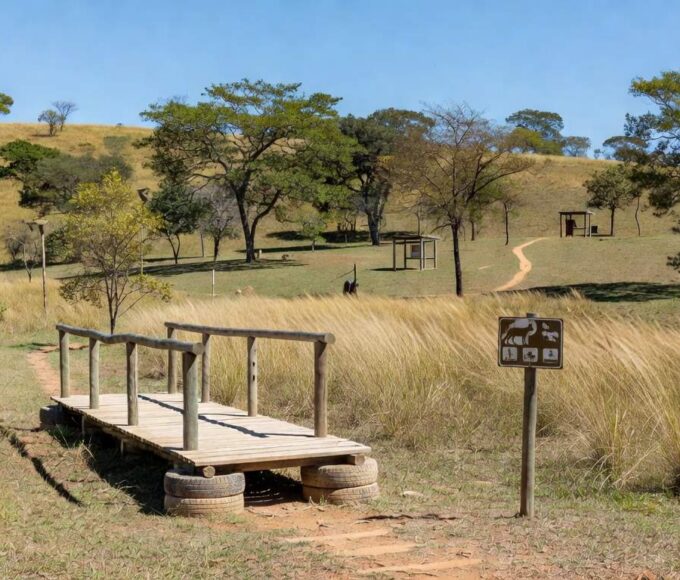 Paisagem do Parque Distrital do Recanto das Emas com obras de preservação ambiental no Cerrado brasileiro.