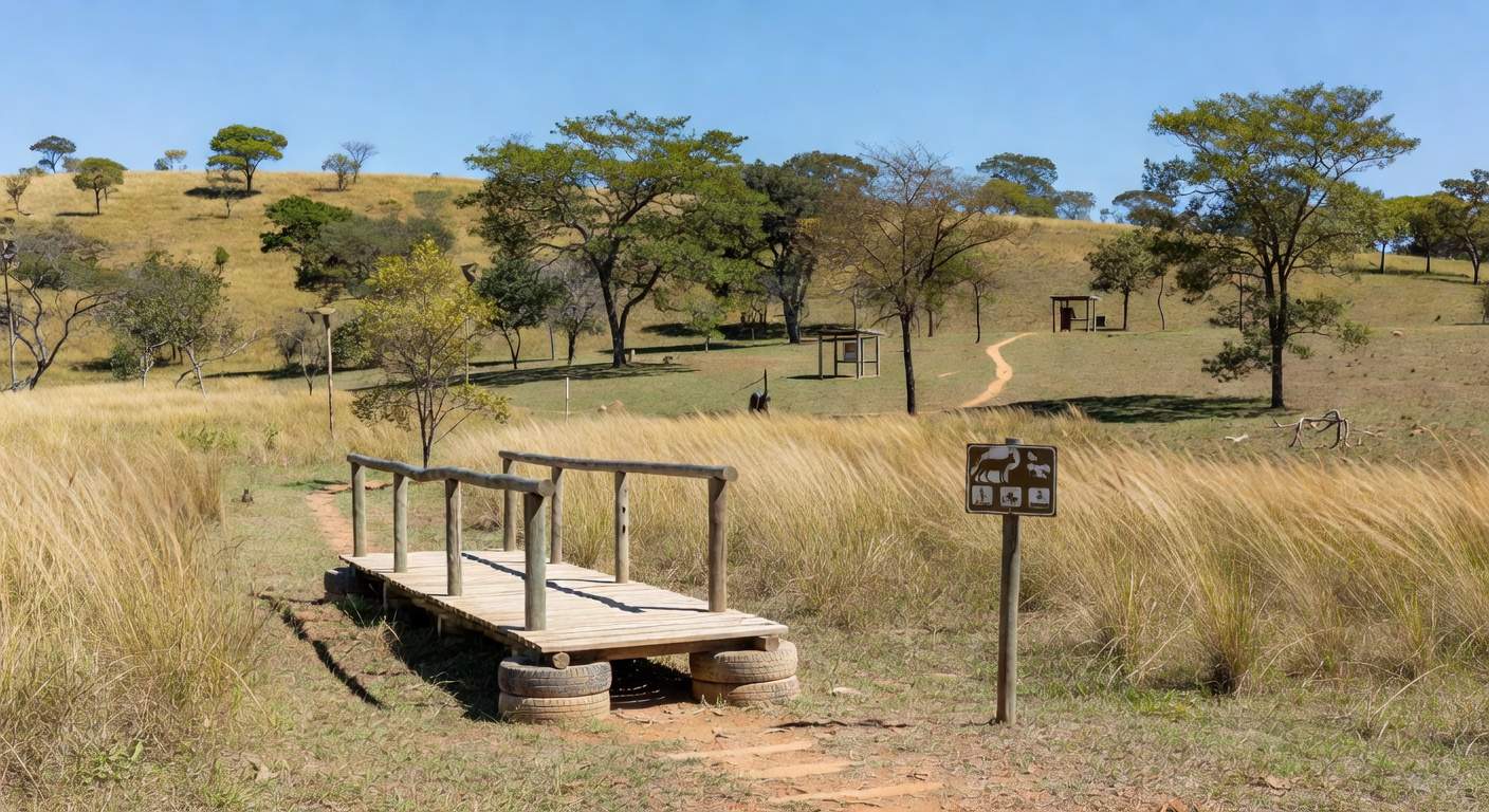 Paisagem do Parque Distrital do Recanto das Emas com obras de preservação ambiental no Cerrado brasileiro.