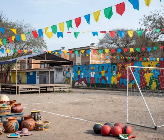 Praça em Ceilândia decorada para comemorações de 55 anos com elementos de cultura e esportes.