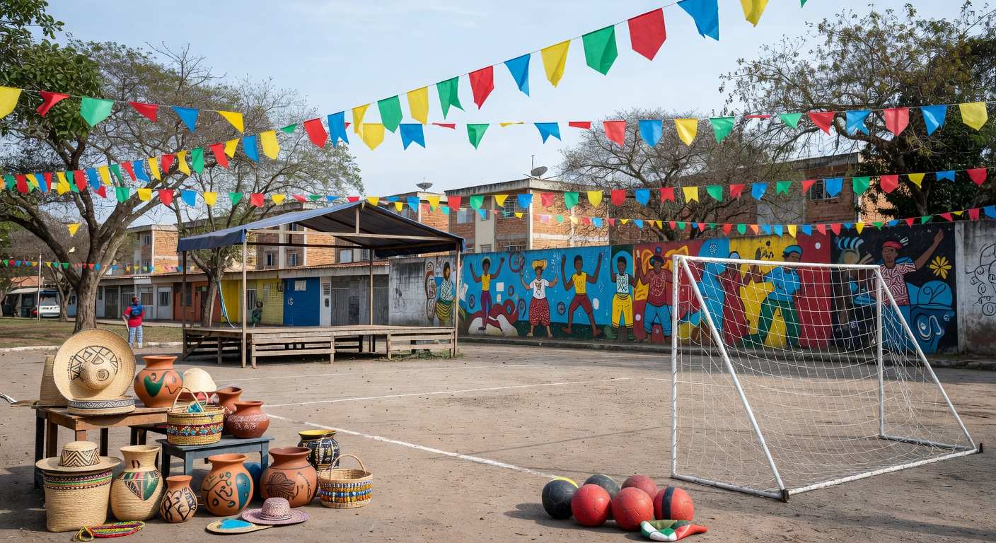 Praça em Ceilândia decorada para comemorações de 55 anos com elementos de cultura e esportes.