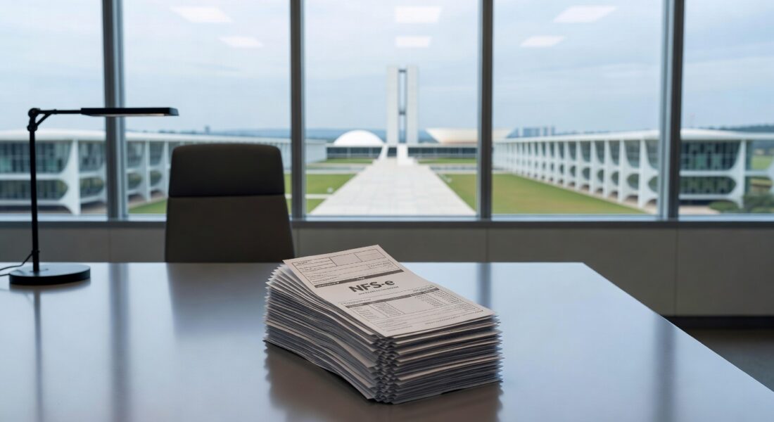 Pilha de notas fiscais em escritório de Brasília representando recorde no Programa Nota Legal no DF.