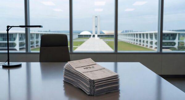 Pilha de notas fiscais em escritório de Brasília representando recorde no Programa Nota Legal no DF.