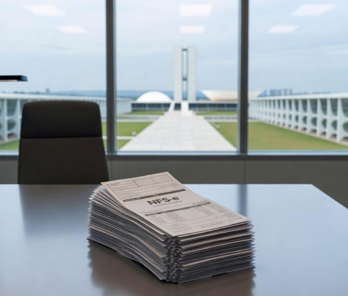 Pilha de notas fiscais em escritório de Brasília representando recorde no Programa Nota Legal no DF.