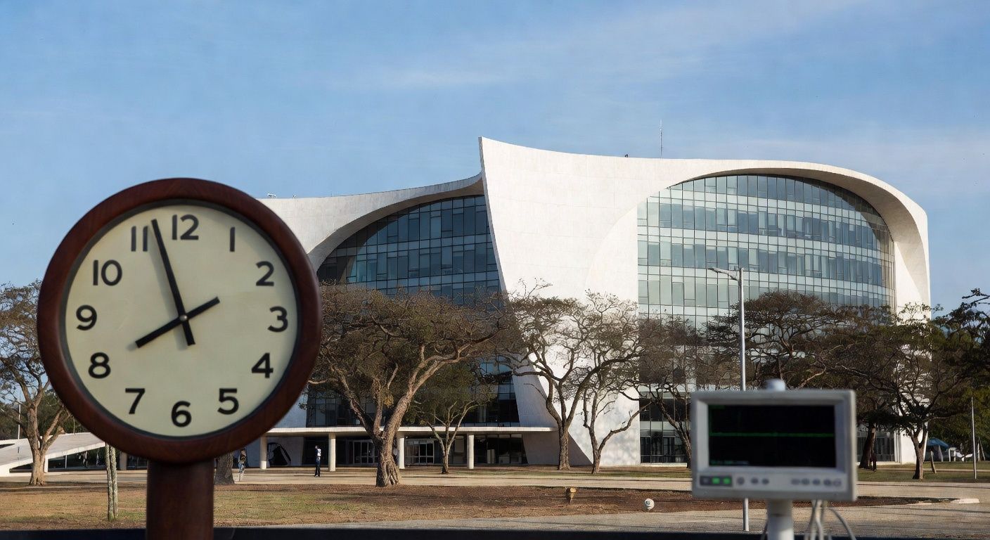 Edifício da Câmara Legislativa do DF em Brasília com relógio parado e monitor cardíaco, simbolizando lentidão em lei para ecocardiograma em bebês com Down e riscos cardíacos.
