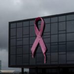 Fachada da Câmara Legislativa do DF com laço rosa desleixado, destacando lacunas no apoio a vítimas de câncer de mama.