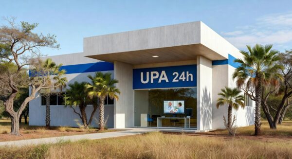 Fachada de UPA em Brazlândia com equipamento de teleconsulta, representando redução de filas por falta de pediatras.