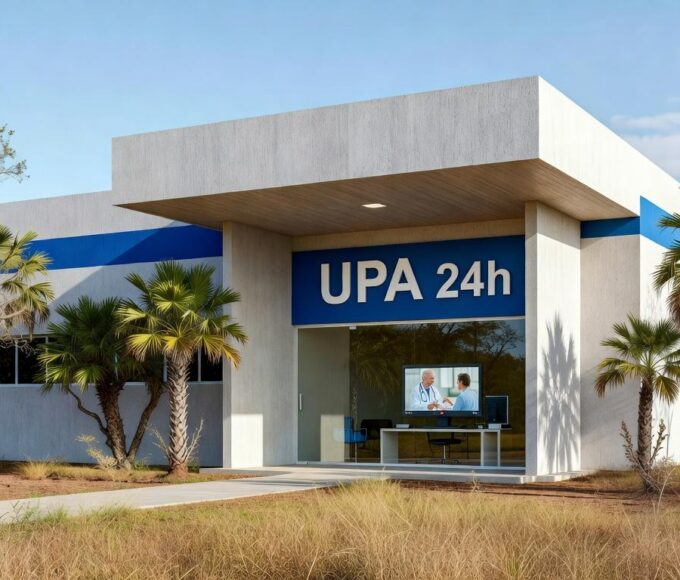 Fachada de UPA em Brazlândia com equipamento de teleconsulta, representando redução de filas por falta de pediatras.