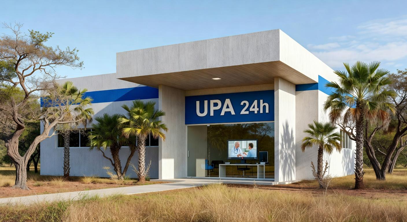 Fachada de UPA em Brazlândia com equipamento de teleconsulta, representando redução de filas por falta de pediatras.