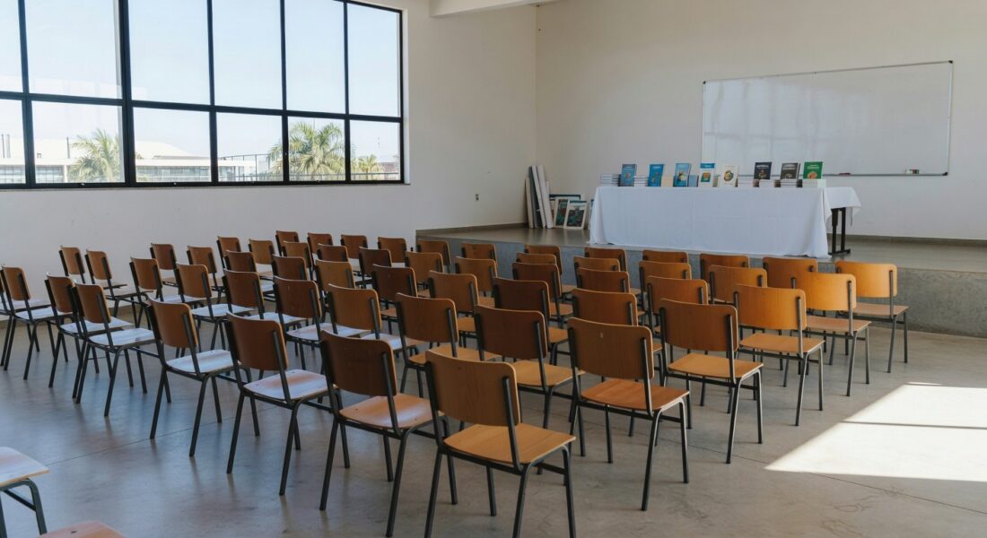 Auditório escolar em Sobradinho, DF, preparado para Jornada Pedagógica com foco em formação educacional.