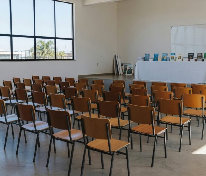 Auditório escolar em Sobradinho, DF, preparado para Jornada Pedagógica com foco em formação educacional.