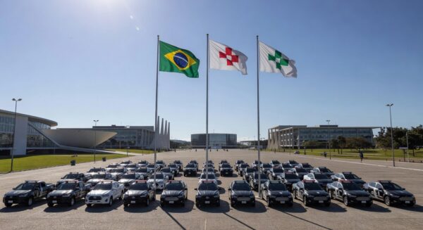 Cerimônia de formatura da PMDF em Brasília, com viaturas policiais e bandeiras ao fundo.