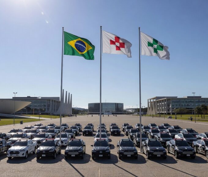 Cerimônia de formatura da PMDF em Brasília, com viaturas policiais e bandeiras ao fundo.