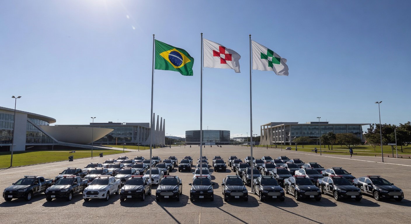 Cerimônia de formatura da PMDF em Brasília, com viaturas policiais e bandeiras ao fundo.