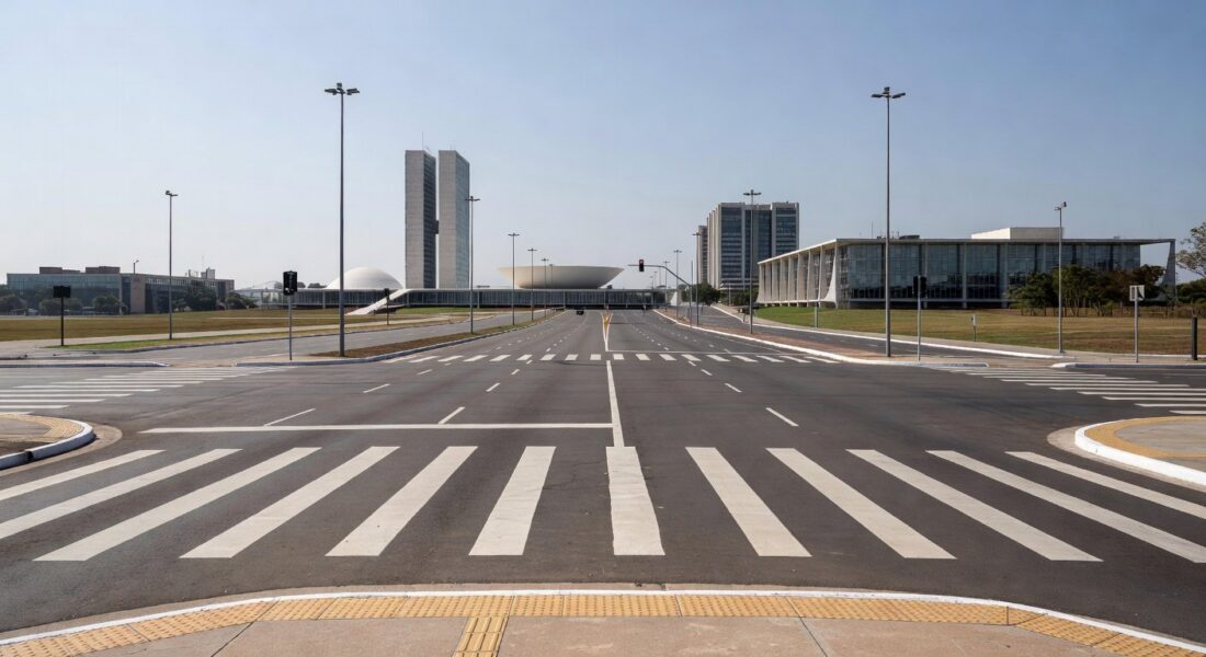 Faixa de pedestre em avenida de Brasília, celebrando redução de atropelamentos no DF.