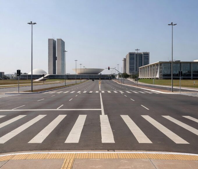 Faixa de pedestre em avenida de Brasília, celebrando redução de atropelamentos no DF.
