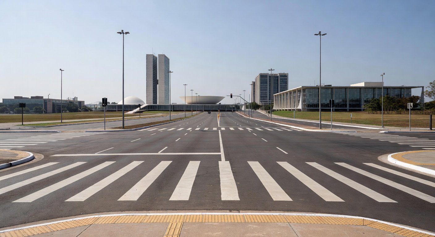Faixa de pedestre em avenida de Brasília, celebrando redução de atropelamentos no DF.
