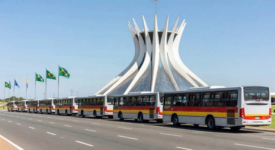 Ônibus gratuitos em Brasília para Via Sacra e Semana Santa, com Catedral ao fundo.