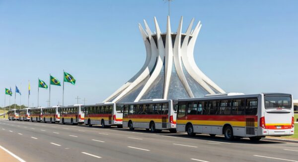 Ônibus gratuitos em Brasília para Via Sacra e Semana Santa, com Catedral ao fundo.