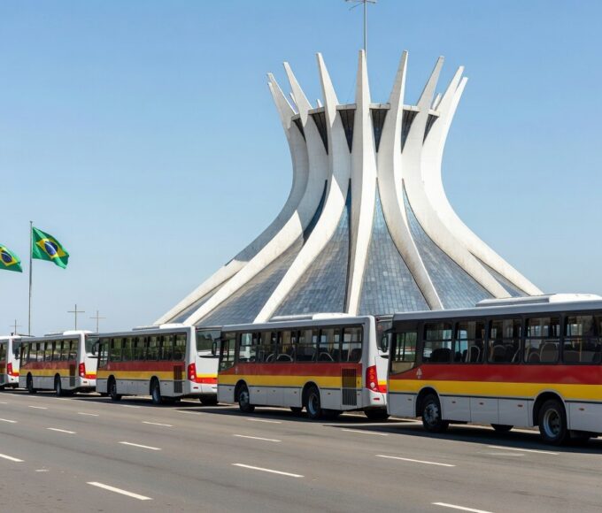 Ônibus gratuitos em Brasília para Via Sacra e Semana Santa, com Catedral ao fundo.