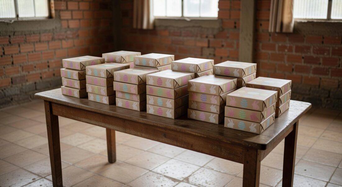 Pilhas de caixas de chocolate para doação na Páscoa a crianças vulneráveis em Brasília, Brasil.